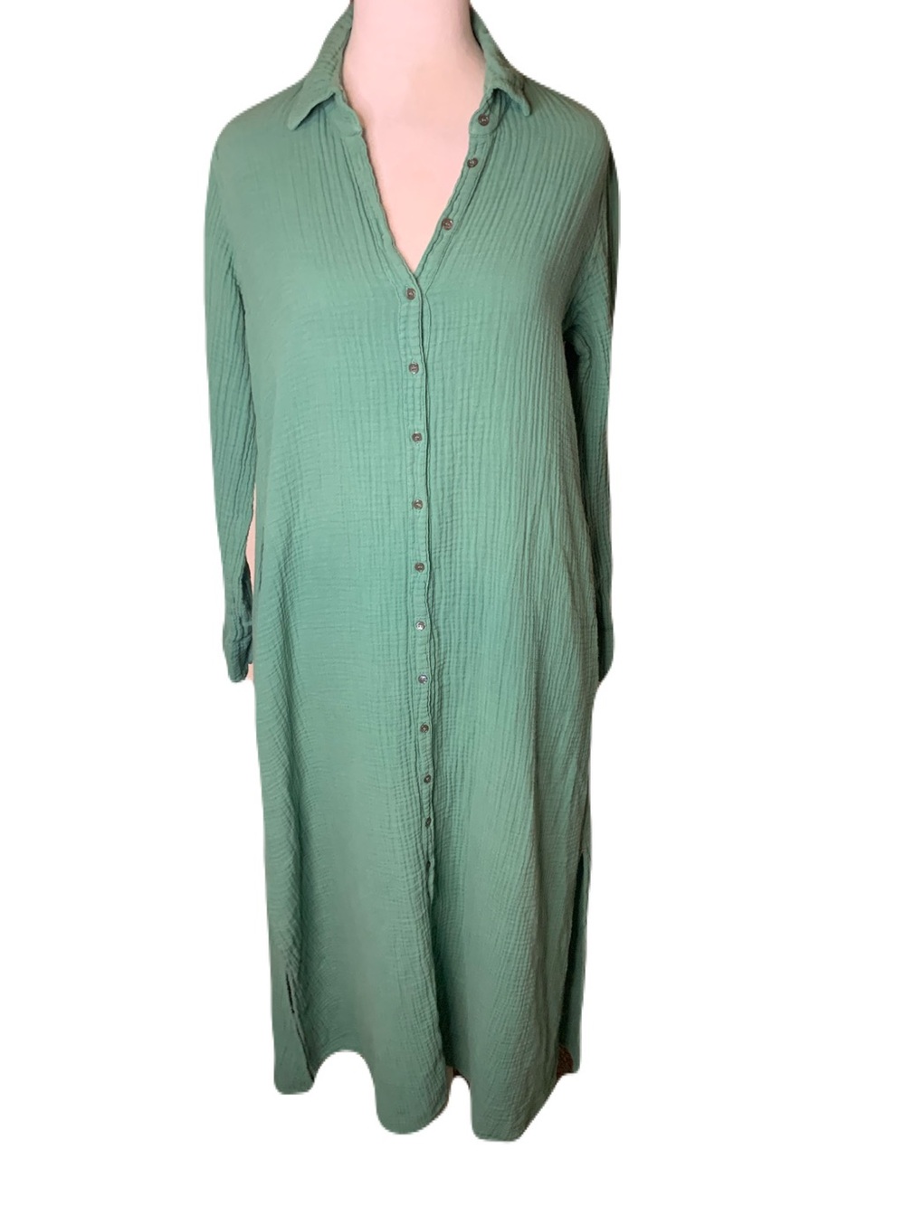 XiRENA XS Green Collar Button-Front Crinkle Cotton Casual Long Sleeve Midi Dress